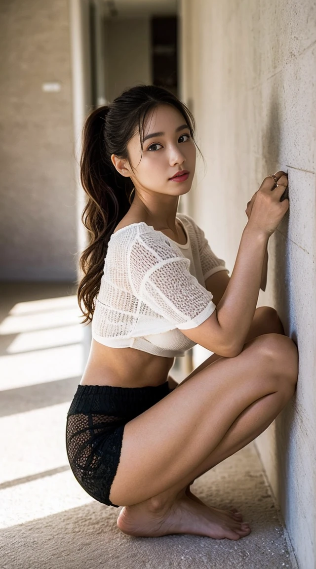 Dark brown hair、Light brown eyes、Japanese actress、 Lady、I am about 40 years old.......、(Intricate details:1.2)、 (Ultra-high resolution:1.2)、Ultra-high resolution、(Fine-tune)、(Detailed facial features)、Hmph、8k resolution、D cup size breasts、night、Sunlit terrace room、Large windows、Extravagant space、relax、、,Full body photo、Head to toe shot、Beautiful feet、black　Loose fit openwork T-shirt、Underwear shorts、Beautiful feet、Bright terrace room with sunlight streaming in、she, household items,   (plant:0.8), Fashion Hub, Very detailed, Very detailed, Realistic, Hourglass Shaped Body, Obscene pose,、Messy Hair、Messy ponytail、Leaning against a wall、I cry a lot、tears、Skin is visible through the knit、White floor、White wall、A masterpiece of transparent painting、