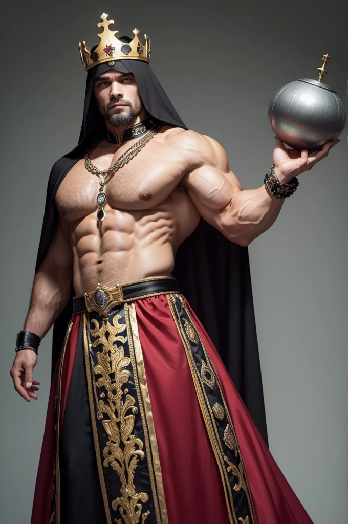Um homem bodybuilder forte, nun dress, with king crown