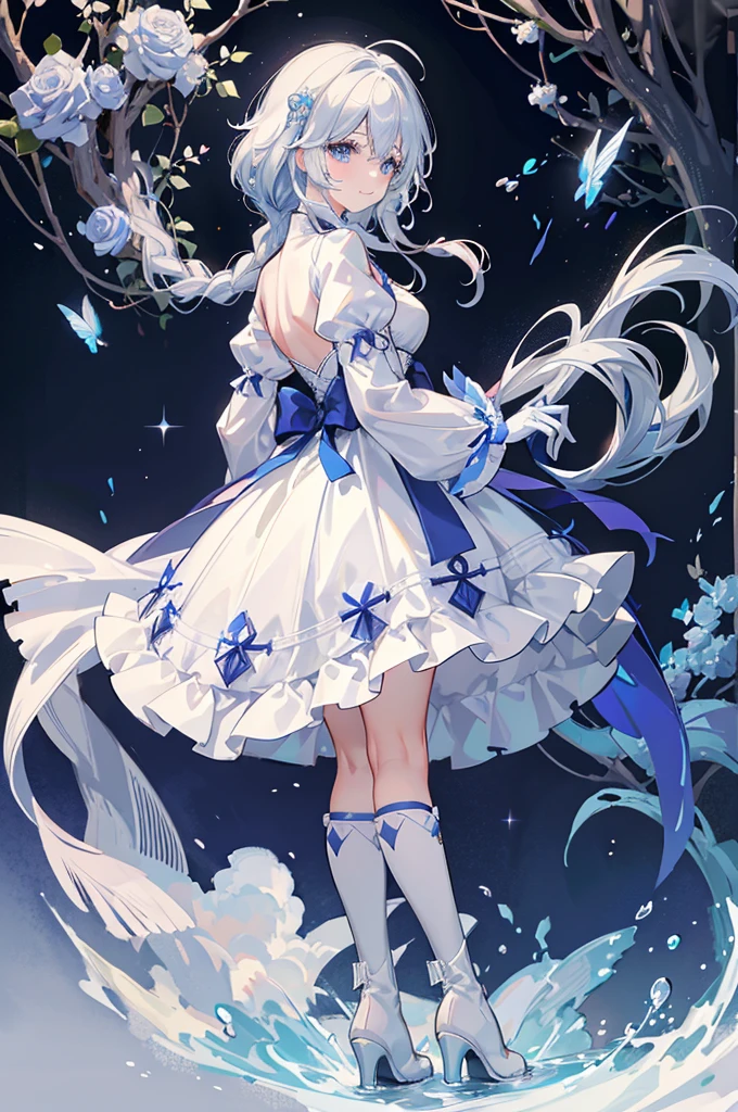 A woman with white hair and blue eyes、adult、Long, fluffy wavy hair、Braiding、Wearing hair ornaments、Smiling、Princess、White gloves、Blue-tinted dress、ribbon、Decorations such as roses and drops、race、Wearing a cape、The dress is short in the front and long in the back、Garter Ring、short boots、Fantasy