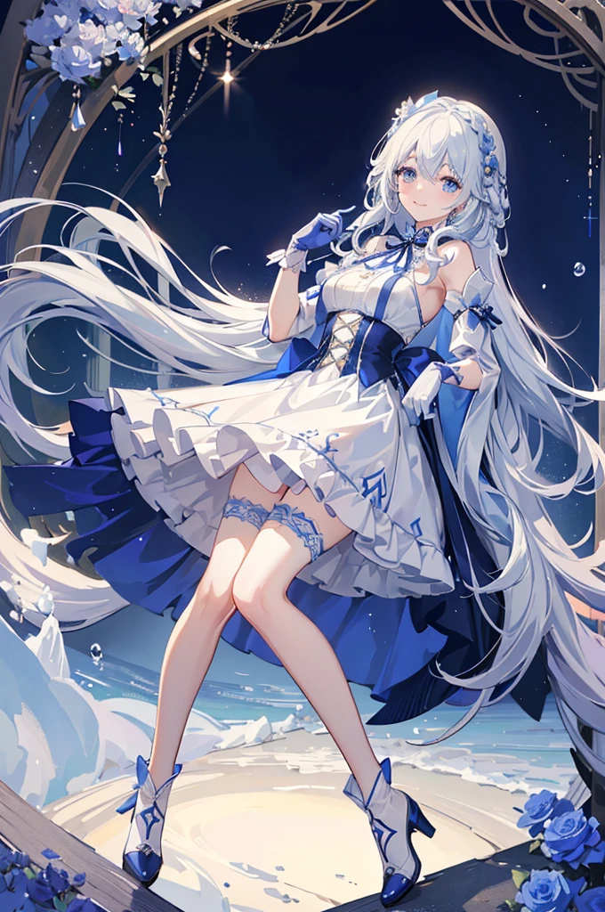 A woman with white hair and blue eyes、adult、Long, fluffy wavy hair、Braiding、Wearing hair ornaments、Smiling、Princess、White gloves、Blue-tinted dress、ribbon、Decorations such as roses and drops、race、Wearing a cape、The dress is short in the front and long in the back、Garter Ring、short boots、Fantasy