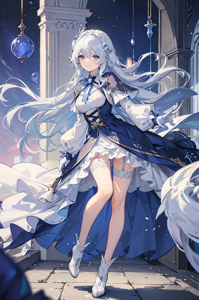 A woman with white hair and blue eyes、adult、Long, fluffy wavy hair、Braiding、Wearing hair ornaments、Smiling、Princess、White gloves、Blue-tinted dress、ribbon、Decorations such as roses and drops、race、Wearing a cape、The dress is short in the front and long in the back、Garter Ring、short boots、Fantasy