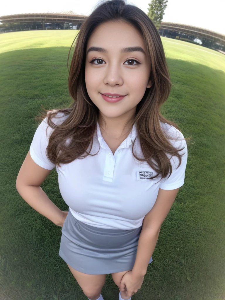 1girl, solo, (uniform), standing, outdoors, (ultra wide angle shot: 1.4), beautiful scenery, detailed face, seductive smile, detailed eyes, thick breasts, smooth skin, tight white shirt, grey blue short skirt, looking at the audience, low angle shot,(8k, RAW photo, best quality, masterpiece: 1.2), (realistic, realistic: 1.37), ultra-high resolution