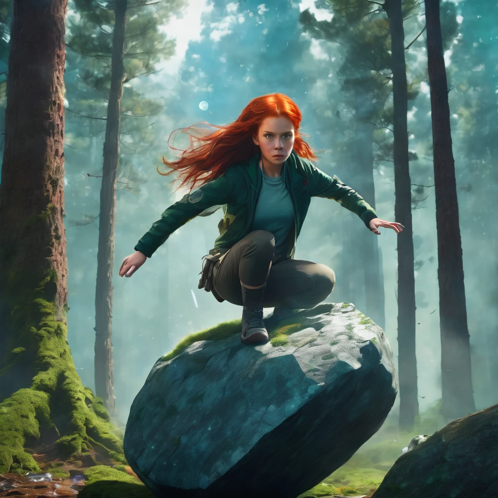 a beautiful angry  redheaded girl using telekinesis floats a large rock in the air a few centimeters off the ground in a realistic sci-fi forest
