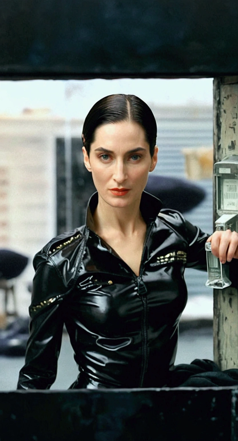 Trinity from the movie matrix. xxx. sexy. full body, He's wearing a black leather trench coat.. with small tight latex lingerie, full body closeup, cinematic full length lingerie shot. sensual. sexy, background city of matrix. hyper realism. 8k. Photography, hyper realism. k. Photography (masterpiece, Super detail, High detail, Best Quality, 8k, Matrix film lighting