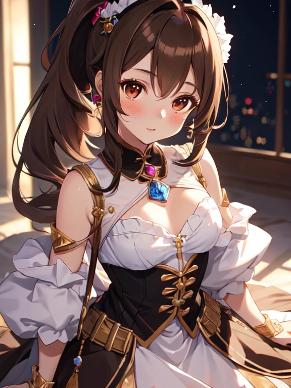 Princess, Cute face:1.5, Petite:1.5, 15 years old, Long Hair:1.5, ponytail, Brown Hair, Small breasts, uhd, retina, masterpiece, ccurate, anatomically correct, textured skin, super detail, high details, high quality, best quality, highres, 4K