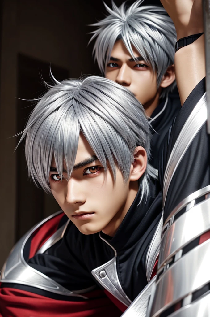 Anime character male age 16 silver hair red eyes