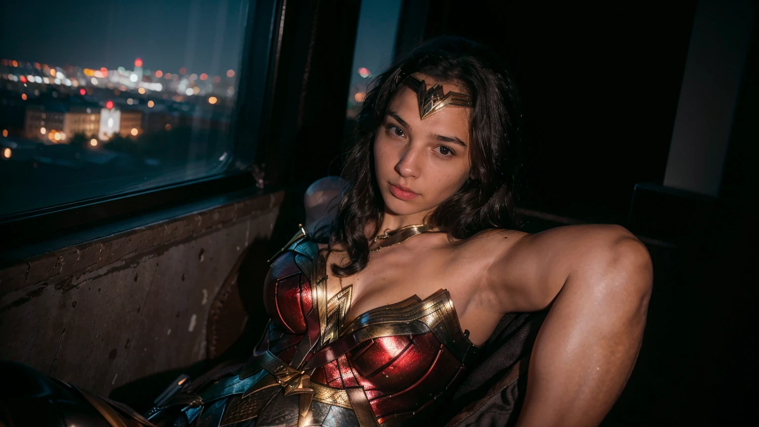 ((masterpiece), (solo character), (photorealistic:1.4), ),(best quality), (epiCRealLife), (g4lg), (wonder woman bra top), (g4lg show abs), (g4lg show cleavages), (Gal Godot in wonder woman costume), (lora:epiCFlashPhoto),(flashphoto), (flash photography) (look at viewers), (Paris bar), (Paris city landmark night views), (window), (night time), (landscape photo), (lying on chest),  (looking at viewers), (at night), (night time),