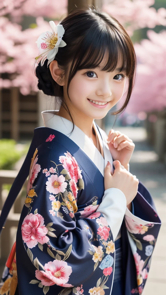 overtake high resolution, (realistic: 1.4), Raw photo, 最high quality, (Photorealistic), concentrated, soft light, (()), ((Japanese)), (front, young face))), (Depth of the bounds written), (one piece), masterpiece, (Photoreal), woman, bangs、One beautiful Japanese model, 15 years old、overtake high quality、bangs、black haired、kimono, furisode、Japanese style floral pattern:1.5、Idol-like overtake cute face:1.4、slim and beautiful body、beautiful breasts、laughter、Full body Esbian:1.2、Enhanced dynamic perspective,cute cute beautiful girl,beautiful skin, look at me and smile,simple background,works of masters,high quality,4K resolution,overtake