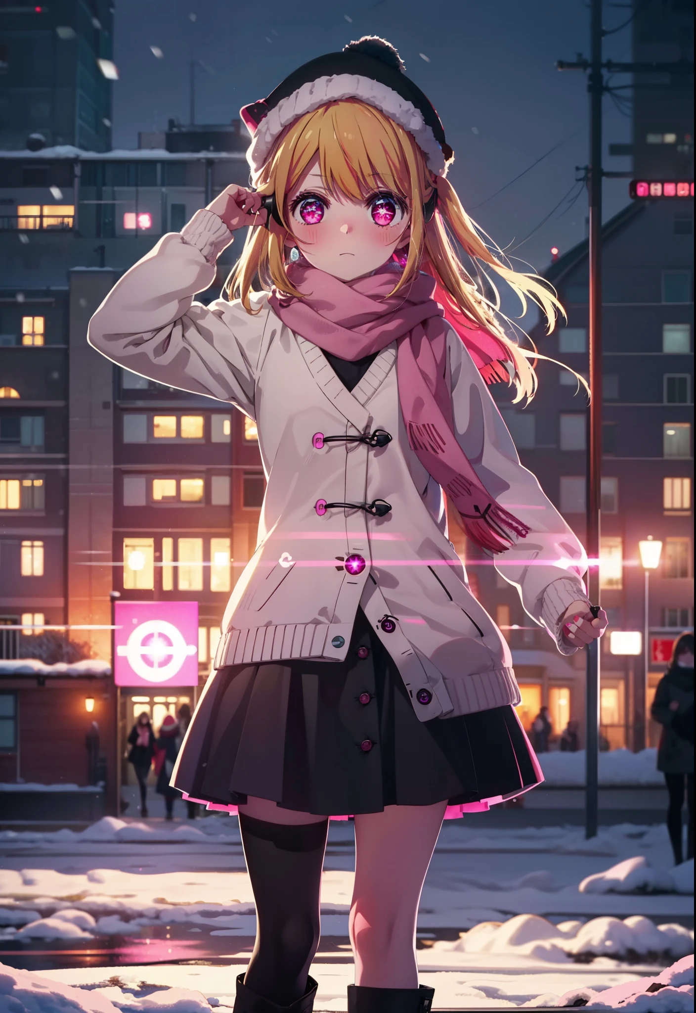 rubyhoshino, Ruby Hoshino, Long Hair, bangs, Blonde, (Pink Eyes:1.3), (Symbol-shaped pupil:1.5), Multicolored Hair, Two-tone hair, Earmuffs,Knitted hat,Purple Scarf,Red long coat,V-neck sweater,Long skirt,Black Pantyhose,short boots,snow,snow,snow,snow,snowが積もっています,snowが降る,whole bodyがイラスト入るように,Hiding in a roofed building,
break outdoors, construction area,
break looking at viewer, whole body,
break (masterpiece:1.2), Highest quality, High resolution, unity 8k wallpaper, (shape:0.8), (Beautiful attention to detail:1.6), Highly detailed face, Perfect lighting, Extremely detailed CG, (Perfect hands, Perfect Anatomy),