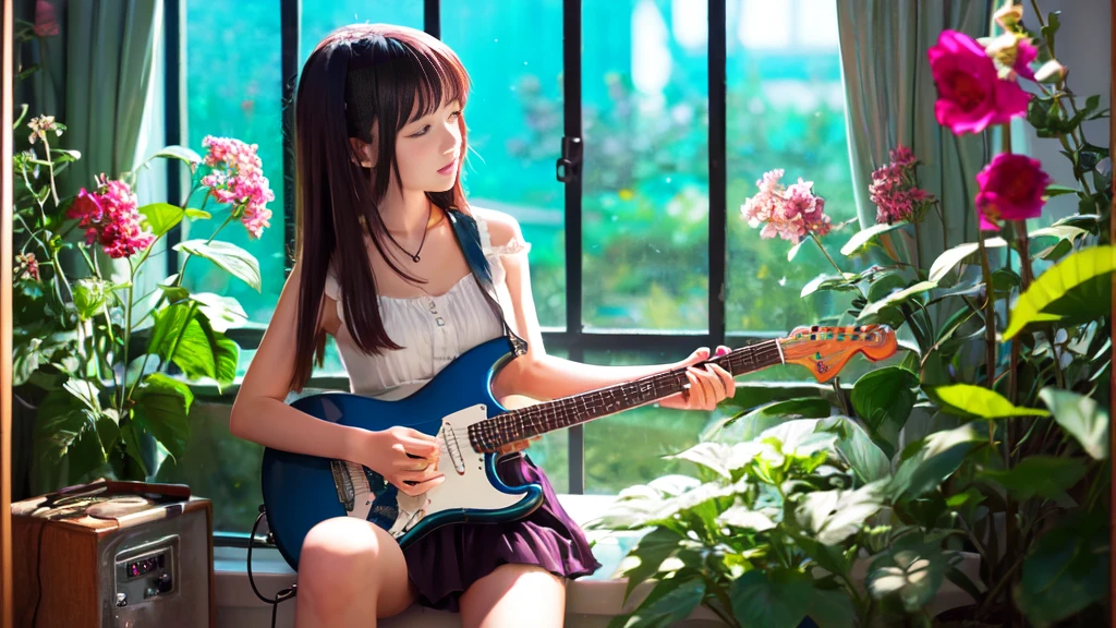 Anime girl playing the guitar in front of a flowered window, artwork in the style of Gwaiz, play the guitar, I'm playing the guitar, everyone, I'm playing the guitars, play the guitar, Realistic anime art style, Realistic Anime 3D Style, Gwaiz, Realistic anime art style, Anime realism style, The girl plays the guitar, Nightcore, Anime Style 4k