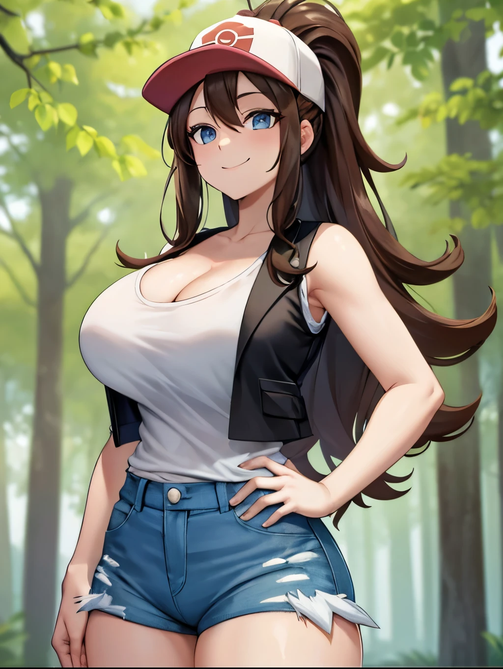 pokemonhilda, blue eyes, brown hair, long hair, huge breasts, ponytail, white shirt, denim shorts, black vest, baseball cap, bare shoulders, smile, cowboy shot, highly detailed, HD, 4K, Masterpiece, highres, park, outdoors, hands on hip, thick, cleavage