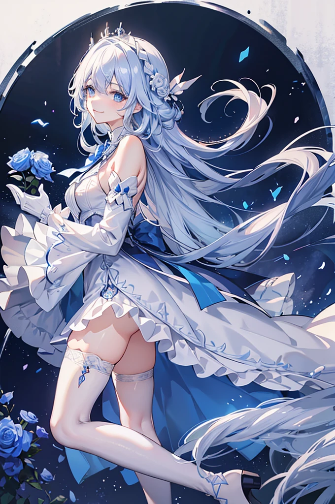 A woman with white hair and blue eyes、adult、Long, fluffy wavy hair、Braiding、Wearing hair ornaments、Smiling、Princess、White gloves、Blue-tinted dress、ribbon、Decorations such as roses and drops、race、Wearing a cape、The dress is short in the front and long in the back、Garter Ring、short boots、Fantasy