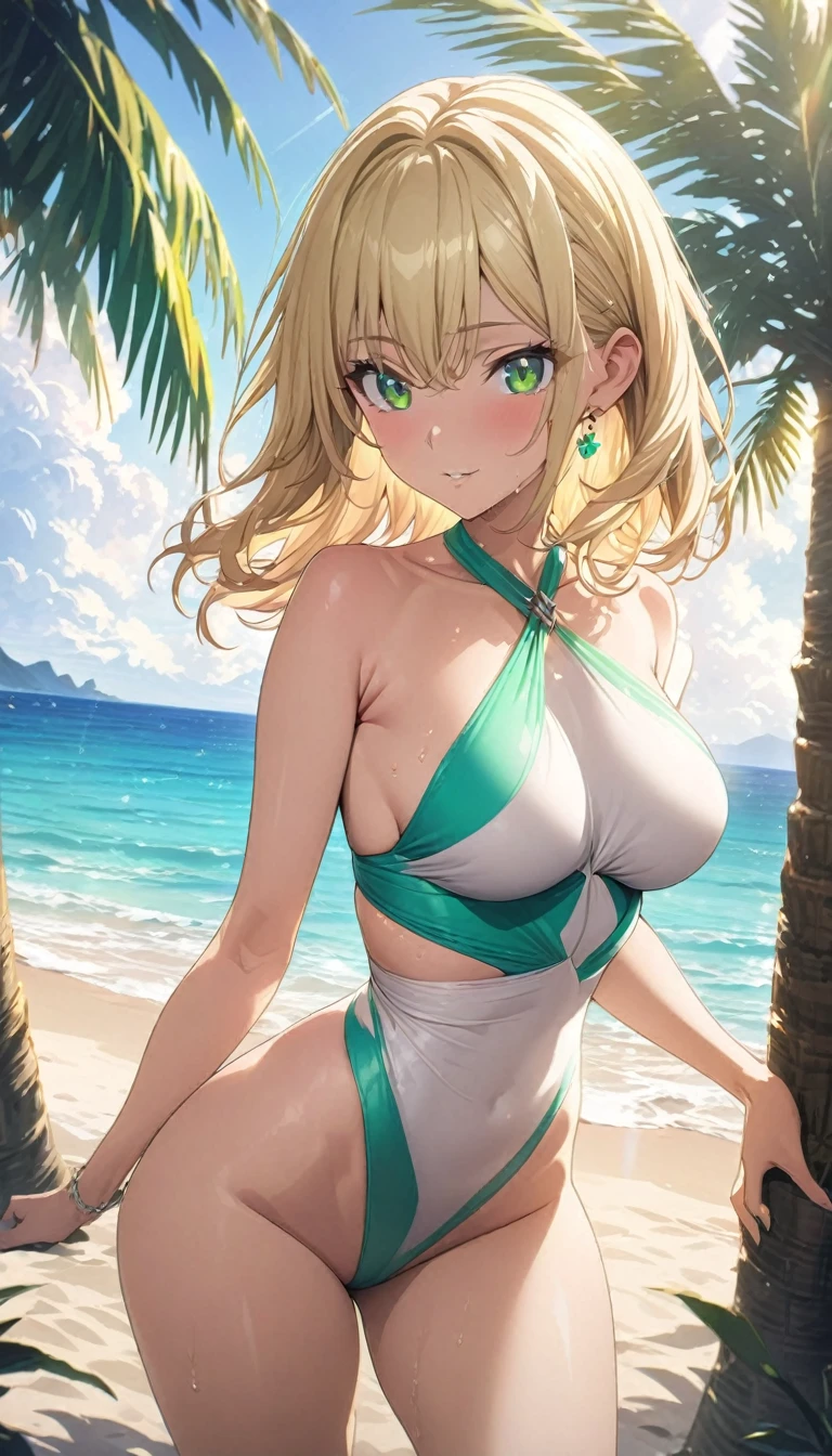 masterpiece, rich colors, Best quality, detailed, high resolution, Hyper quality, high detail, , high quality, detailing, skinny sexy girl on the beach , bright lighting , green eyes, anime, palm trees, bright lighting,