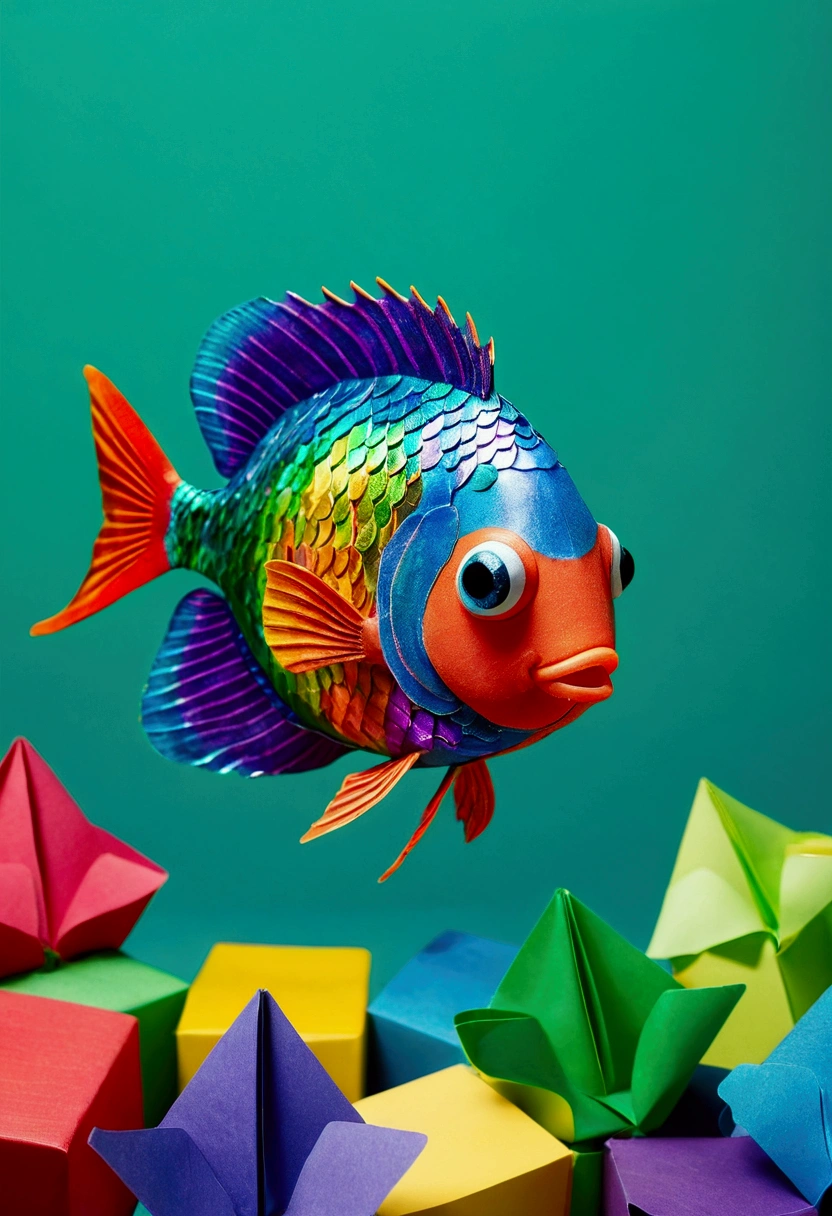 The image is a little more animated since it is to put in a cube, reading for children from 4 to 6 years old The Rainbow Fish: Image: Fish with colorful scales. bottom: Green cellophane paper.