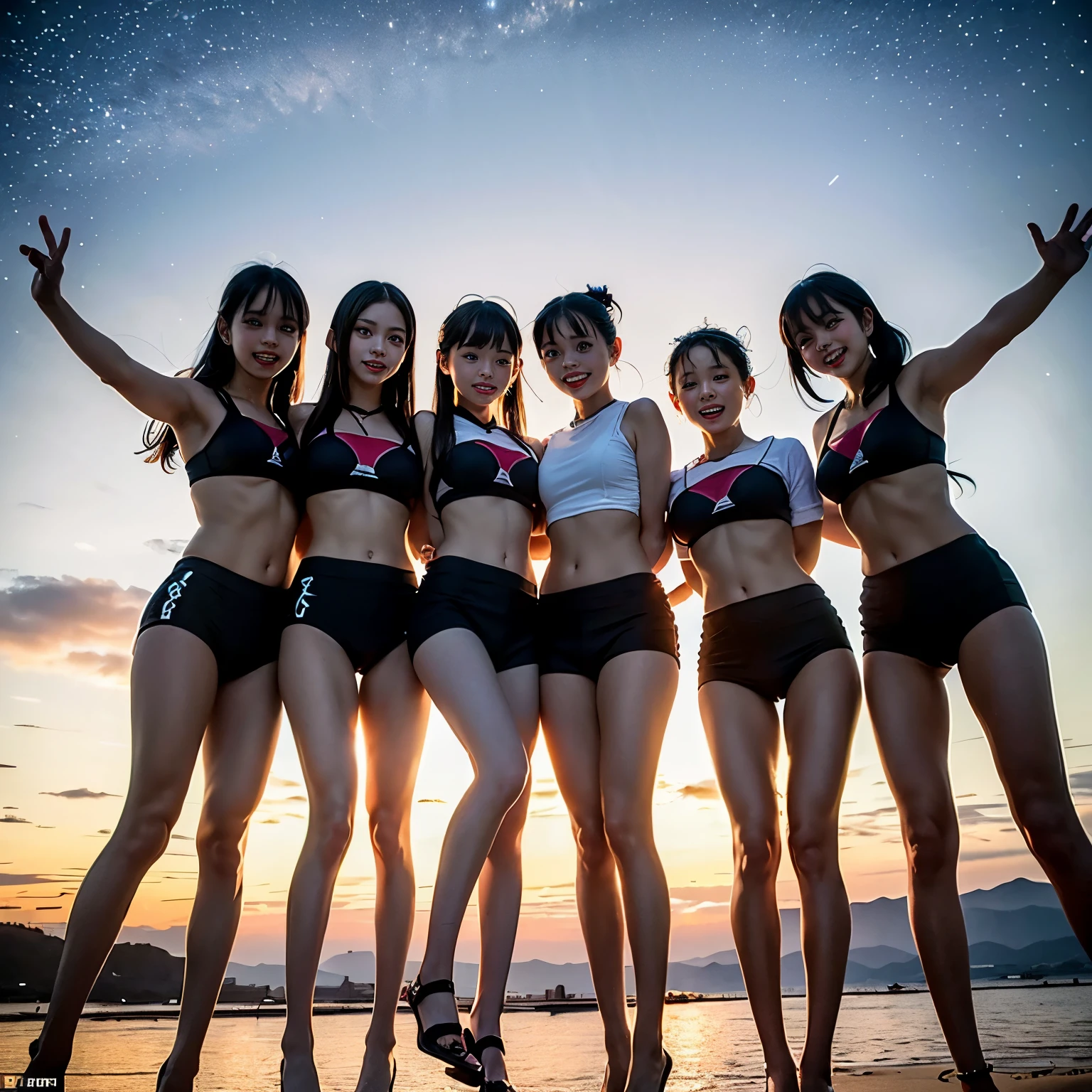  Masterpiece of ProfessionalPhoto ((ExtremelyDetailed (12 PICHIPICHI KAWAII Girls Floating in The Air in a row:1.37) in WHITE at Dusk Enoshima Beach)), {(Standing Full Body:1.2)|(from below:1.2)|Detailed KAWAII face}, Different types of hair colors, {(skinny(school swimwear))|(SchoolUniform)with Tiny AthleticShorts}, {(Corrected Childish hand)|Hidden hand|Different types of breasts|(Clearly Visible the shape of Butt)}, Joyful Expressions LifeLike Rendering, Detailed clothing texture, PerfectLighting, (Dazzling Horizon Visible through ThighGap), (Starry IridescentParticles:1.22) ColorfulClouds