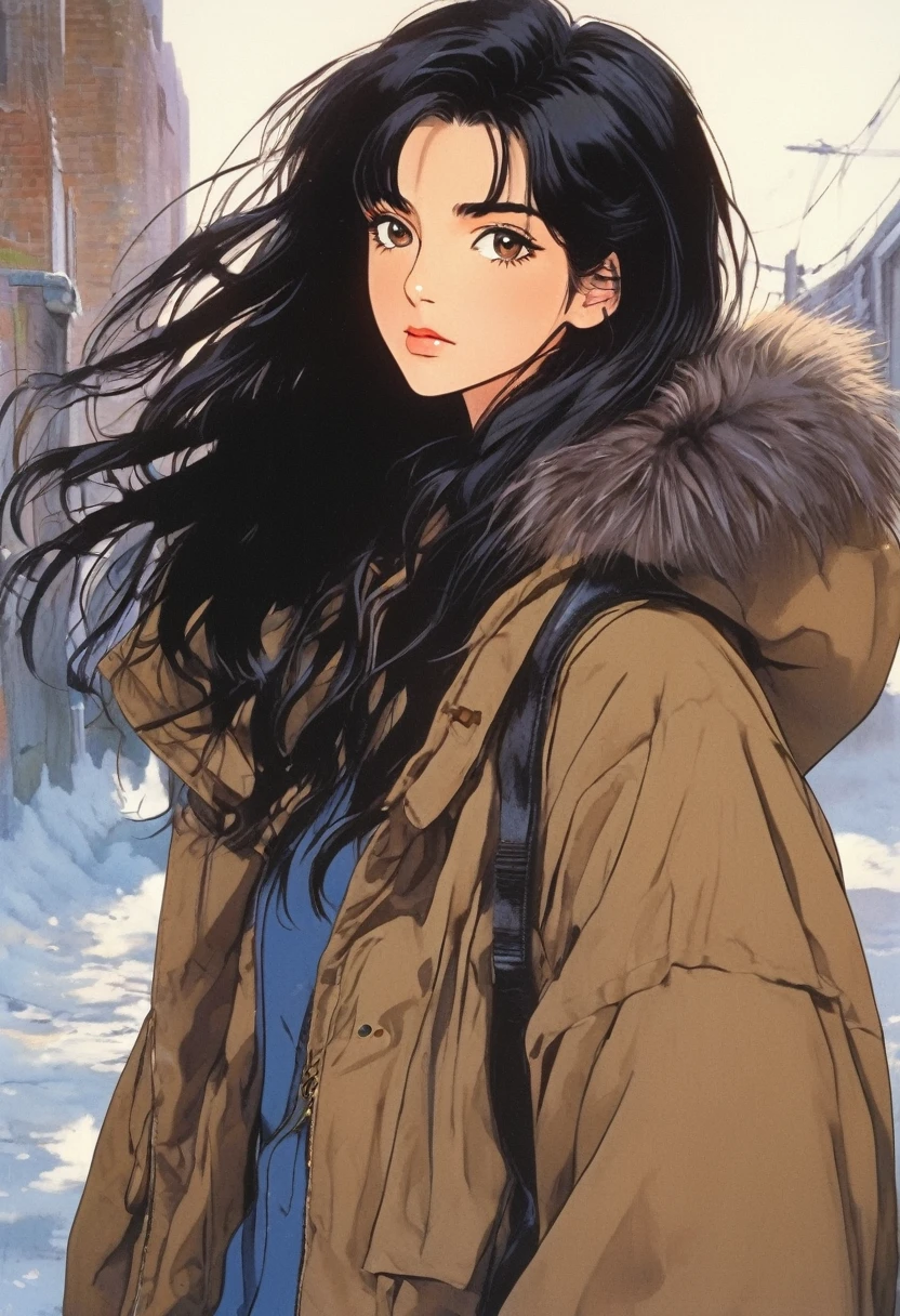 Best image quality, 90s style anime, 21 year old girl, Black Hair, Long Hair, Light brown eyes, Wearing a loose parka, 90s fashion,