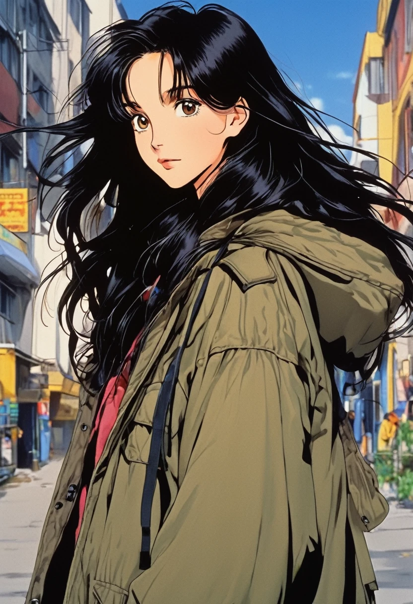 Best image quality, 90s style anime, 21 year old girl, Black Hair, Long Hair, Light brown eyes, Wearing a loose parka, 90s fashion, 