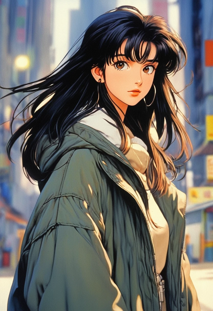 Best image quality, 90s style anime, 21 year old girl, Black Hair, Long Hair, Light brown eyes, Wearing a loose parka, 90s fashion,