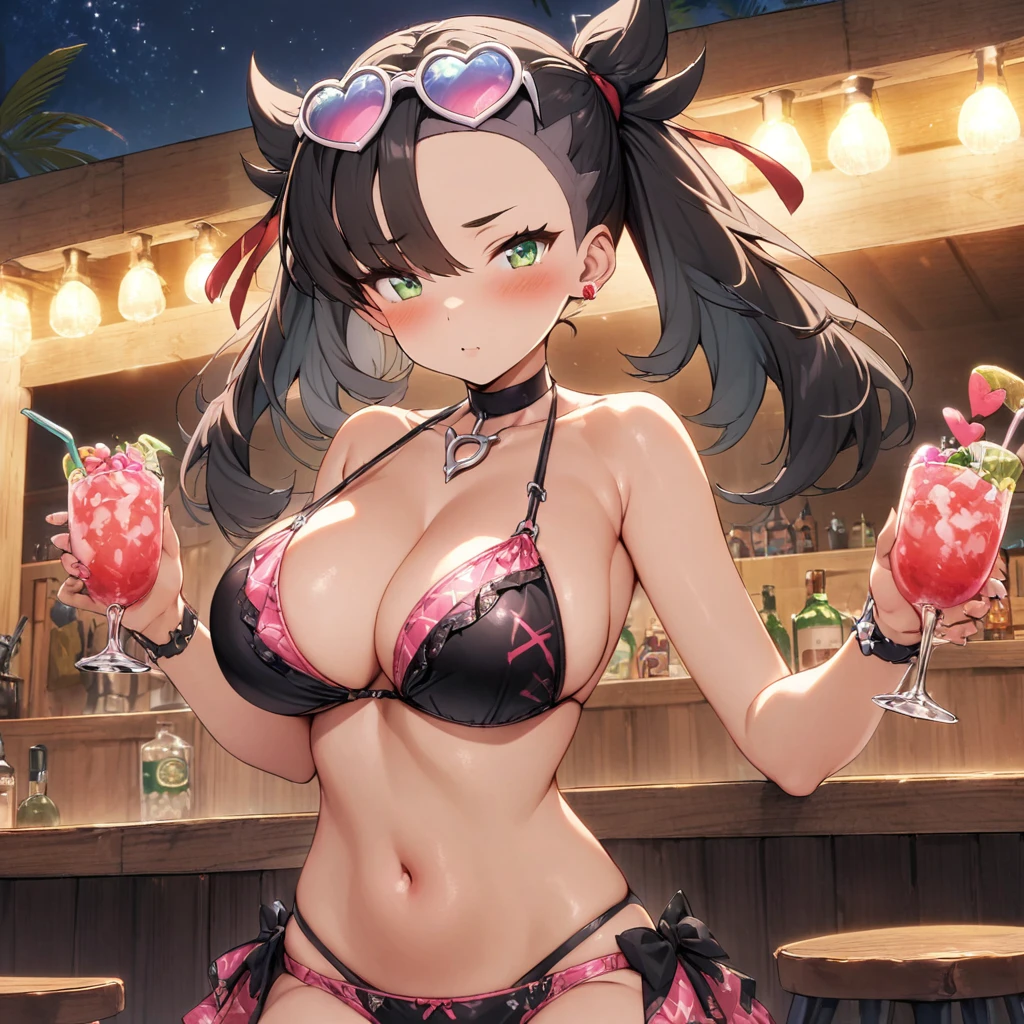 (masterpiece), best quality, expressive eyes, perfect face,1girl,gravure idol,big breasts,pink and black patterned string bikini,pink heart-shaped sunglases on head,strap gap,beach,beach bar,blush,cowboy shot,looking at viewer
, red ribbon, asymmetrical bangs, twintails, green eyes, hair ribbon, black hair, marnie, heart pendant,night,starry sky