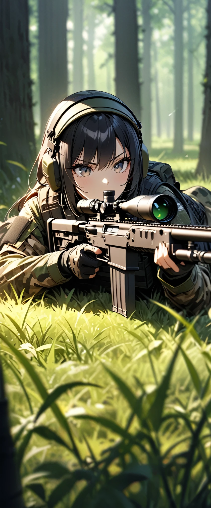 (masterpiece),(Highest quality),(High resolution),(Very detailed),8k,壁紙一人のwoman,woman,Japanese,Black Hair,Short Bob,(Beautiful Eyes,Long eyelashes,Beautiful Hair,Beautiful Skin),Serious,BREAK(((aim at something with a sniper rifle:1.3))),((Look through the scope and take aim:1.4))((Lie down in the grass:1.3)),((Sniper Rifle)),army camouflage uniform,Bulletproof vest, Combat Boots,Tactical Forster,Tactical Headset,Tactical Helmet,(The background is a dense forest),(((Background Blur)))