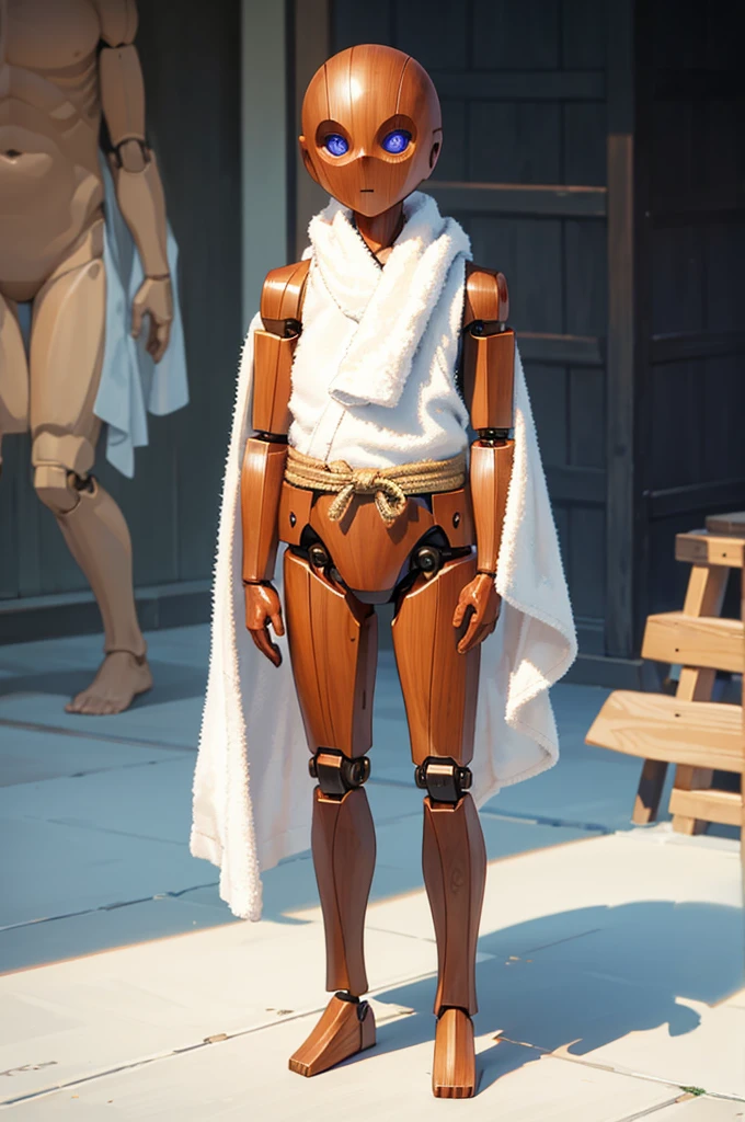 Wooden Humanoid Robot,Wood grain body,child女に似せて作られた,wear the kimono,child,児,Small,Illustrated,((Hand out a towel)),zoom in