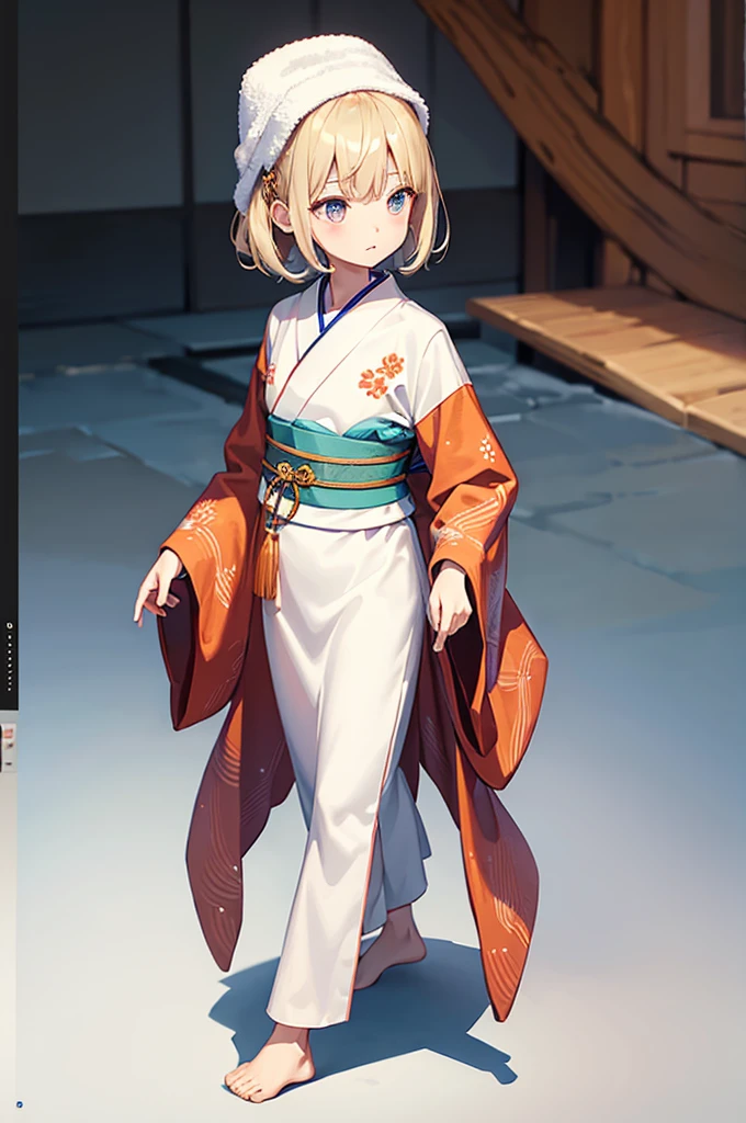 Wooden Humanoid Robot,Wood grain body,child女に似せて作られた,wear the kimono,child,児,Small,Illustrated,((Hand out a towel)),zoom in