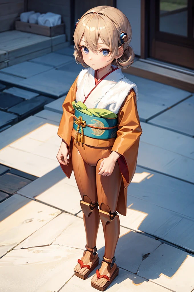 Wooden Humanoid Robot,Wood grain body,child女に似せて作られた,wear the kimono,child,児,Small,Illustrated,((Hand out a towel)),zoom in