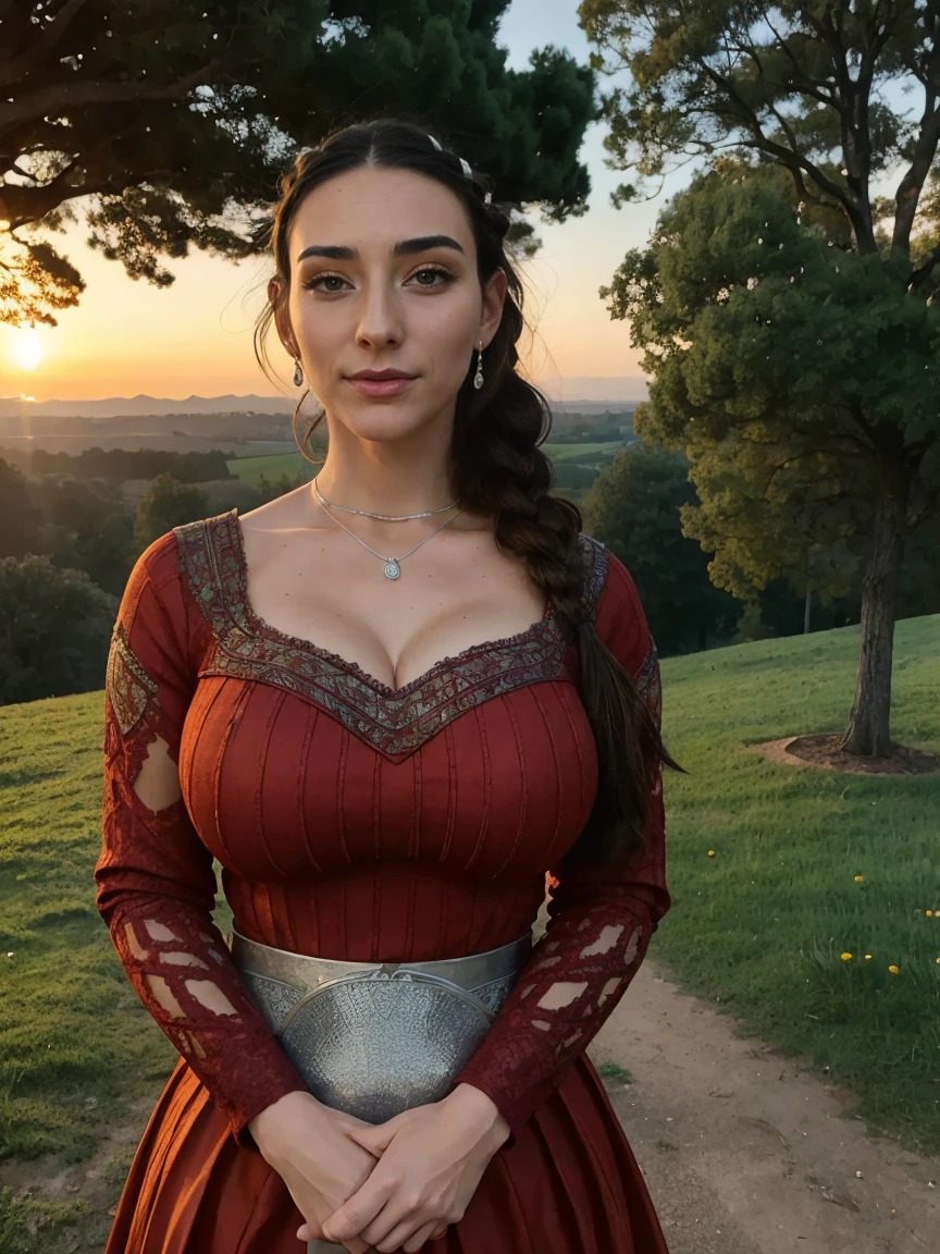 Gorgeous and sultry busty athletic (thin) brunette queen with sharp facial features, crown braid, wearing a dark red medieval dress, long sleeves, intricate patterns, embroidery, wide neck, crown, veil, long dress, tight bodice, (silver waist chain), medieval jewelry, Middle Ages, castle, rampart, wall, exterior, on top of a castle wall, trees, countryside, evening, sunset.