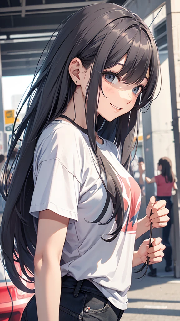 Gal、dancing、Wearing a T-shirt、hair is gray、laughing、Around 25 years old、Anime style illustration long hair,