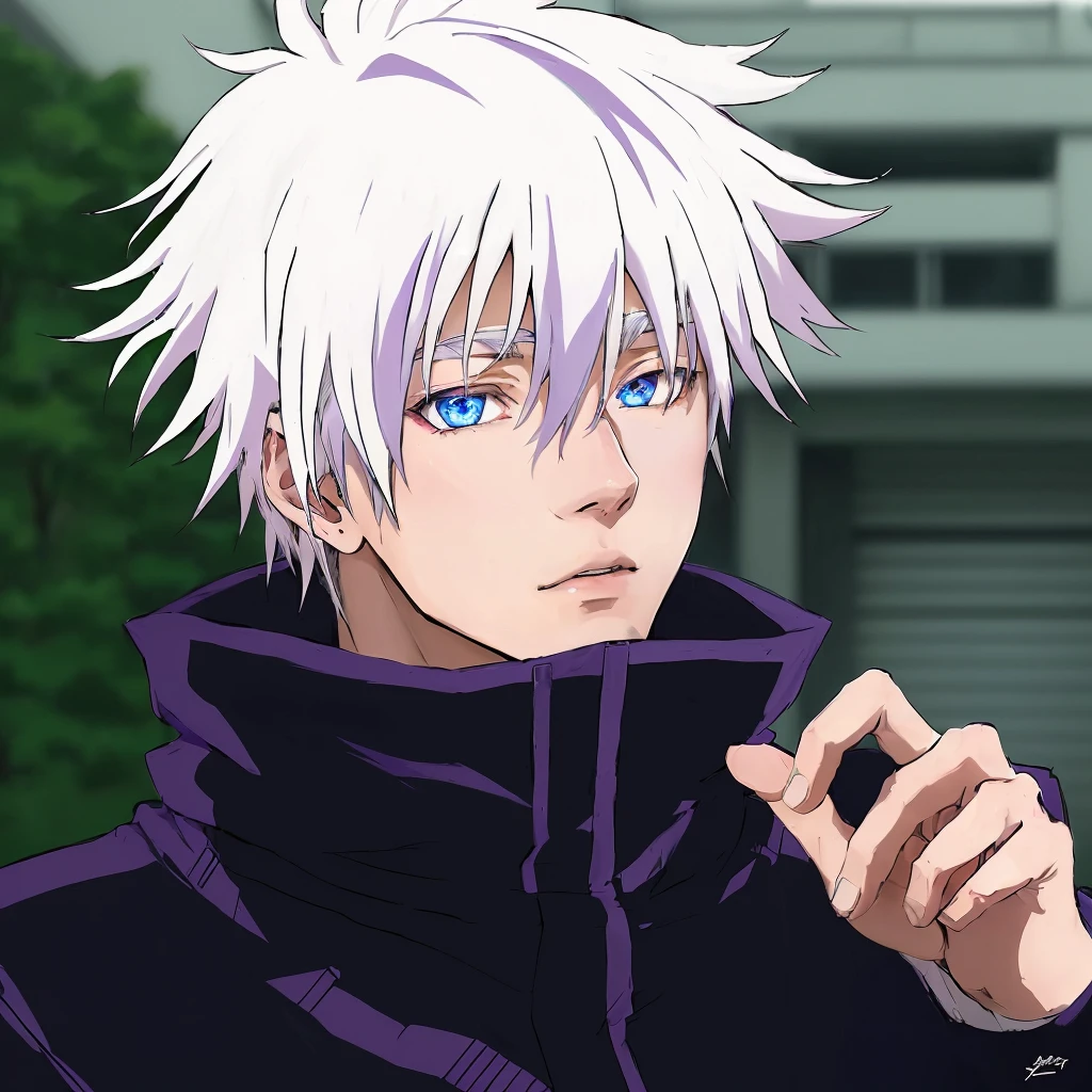anime character with white hair and blue eyes in a purple jacket, satoru gojo portrait, white haired, hajime yatate, nagito komaeda, white-haired, a silver haired mad, white haired deity, shiro from deadman wonderland, ultra photorealistic