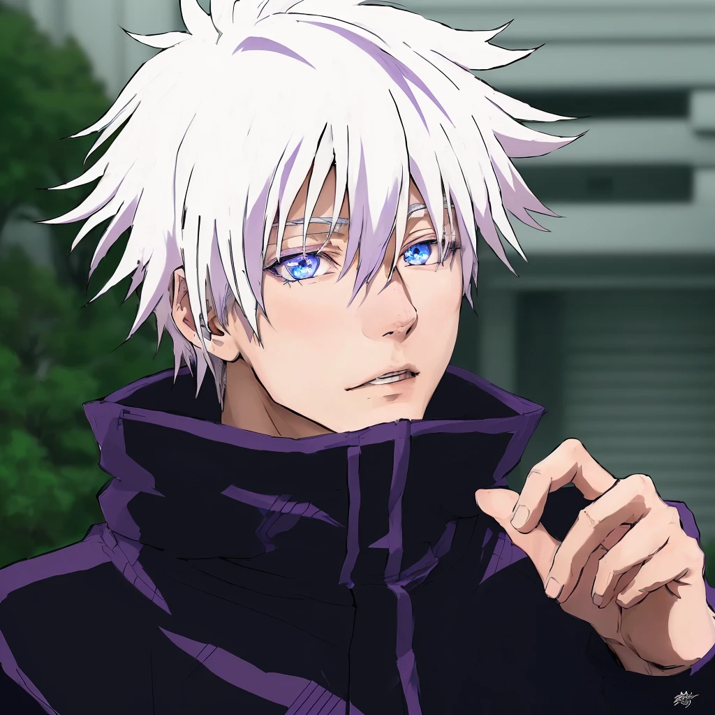 anime character with white hair and blue eyes in a purple jacket, satoru gojo portrait, white haired, hajime yatate, nagito komaeda, white-haired, a silver haired mad, white haired deity, shiro from deadman wonderland, ultra photorealistic