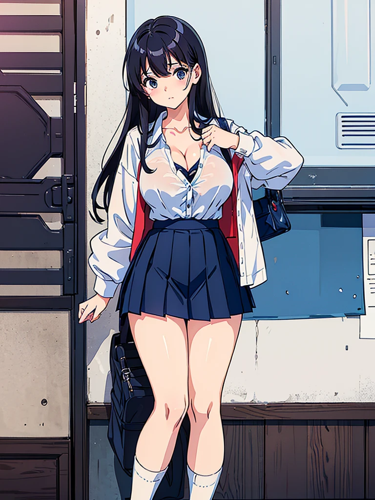 ((high school girl、tits、Big Breasts、Cleavage、White shirt、Navy micro pleated mini skirt、Thighs、loose socks、Black Hair))