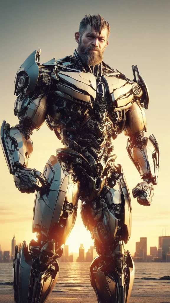 Breathtaking full body photo, full body, broken, (hacked arm: 1.4), front viewer, (Looking at viewer: 1.4), dynamic pose, reelmech, (mechanical parts: 1.5), missing parts, dirty, oil leak, (damaged: 1.3), 45 year old man with large full beard, athletic skin face, damaged skin eye socket, damaged skin cheek, work of art, award winning, professional, highly detailed