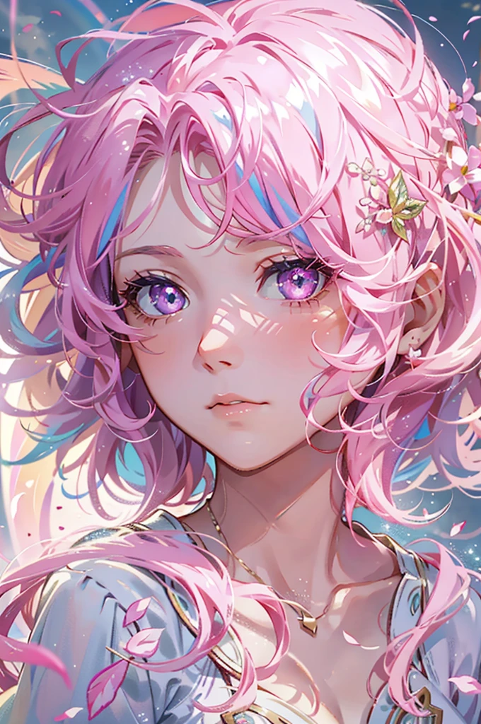 With pink hair and rainbow eyes,beautiful as a fairy,A melancholy expression that stirs affection,side face,floating hair,light particles,glare,vivid,fancy,dreamlike,a dim atomshpere,