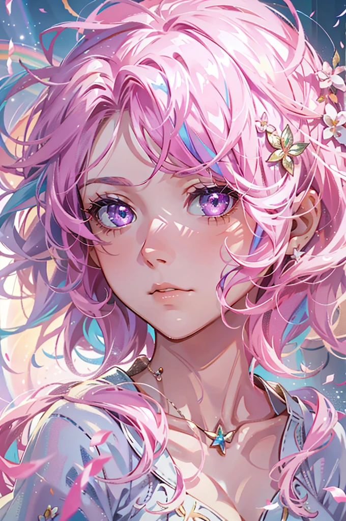 With pink hair and rainbow eyes,beautiful as a fairy,A melancholy expression that stirs affection,side face,floating hair,light particles,glare,vivid,fancy,dreamlike,a dim atomshpere,