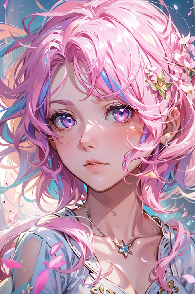 With pink hair and rainbow eyes,beautiful as a fairy,A melancholy expression that stirs affection,side face,floating hair,light particles,glare,vivid,fancy,dreamlike,a dim atomshpere,
