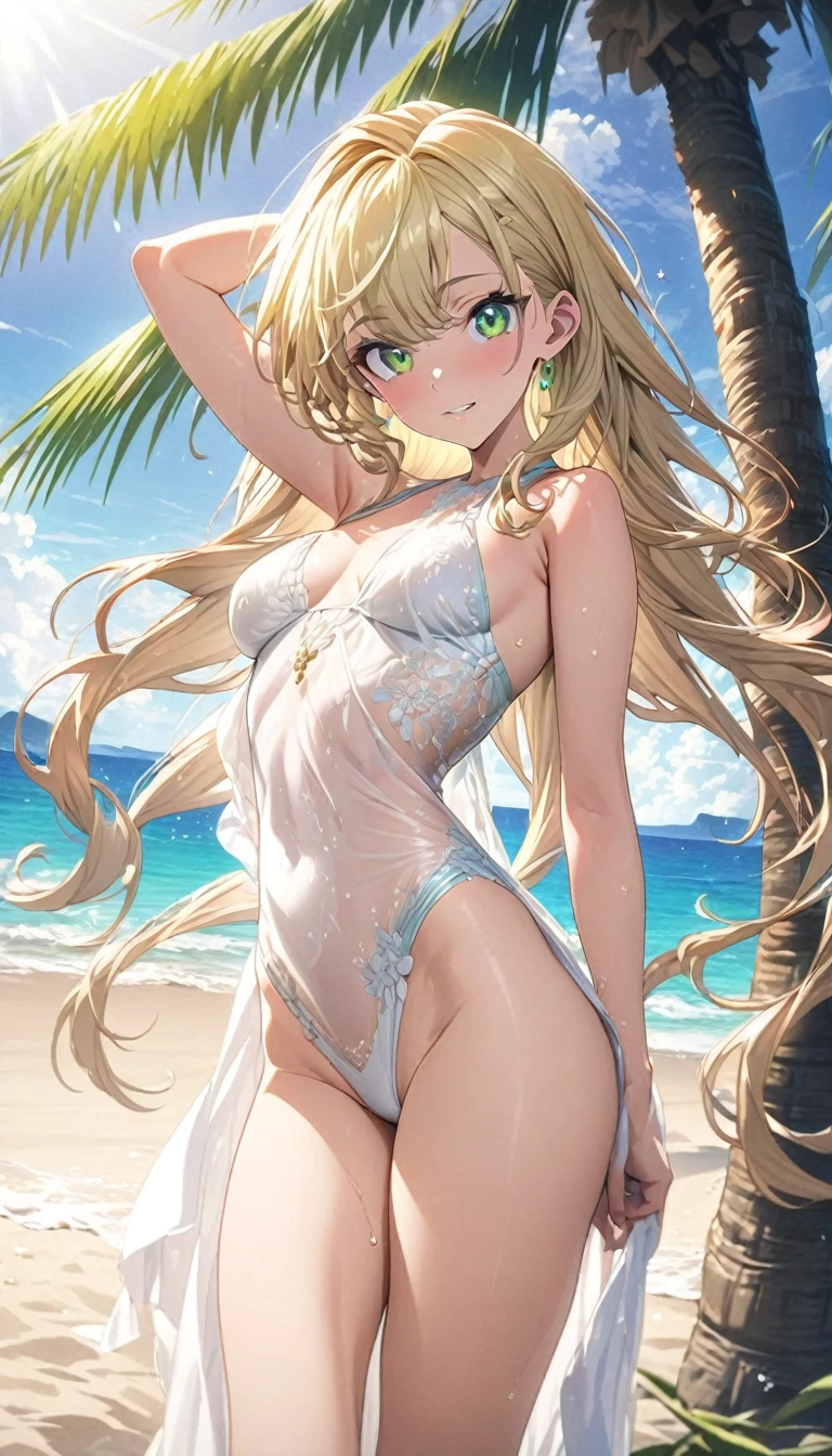 masterpiece, rich colors, Best quality, detailed, high resolution, Hyper quality, high detail, , high quality, detailing, skinny sexy girl on the beach , bright lighting , green eyes, anime, palm trees, bright lighting,