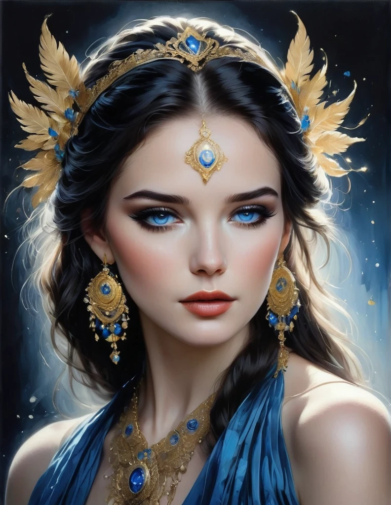Create a simple portrait of a woman using a palette of white, black, with touches of gold and blue. Her face should be a study in contrasts, with soft white highlights and deep black shadows. Her eyes, striking and expressive, should be accentuated with a touch of deep blue, giving them a piercing, soulful quality.
Her hair, flowing and intricate, should be primarily black with subtle streaks of white and hints of gold, adding a touch of elegance and warmth. Her lips should be painted with a delicate blend of white and black, highlighting their shape and creating a sense of depth.
The portrait should have no background, allowing the focus to remain entirely on the woman and the intricate play of colors and contrasts in her features.