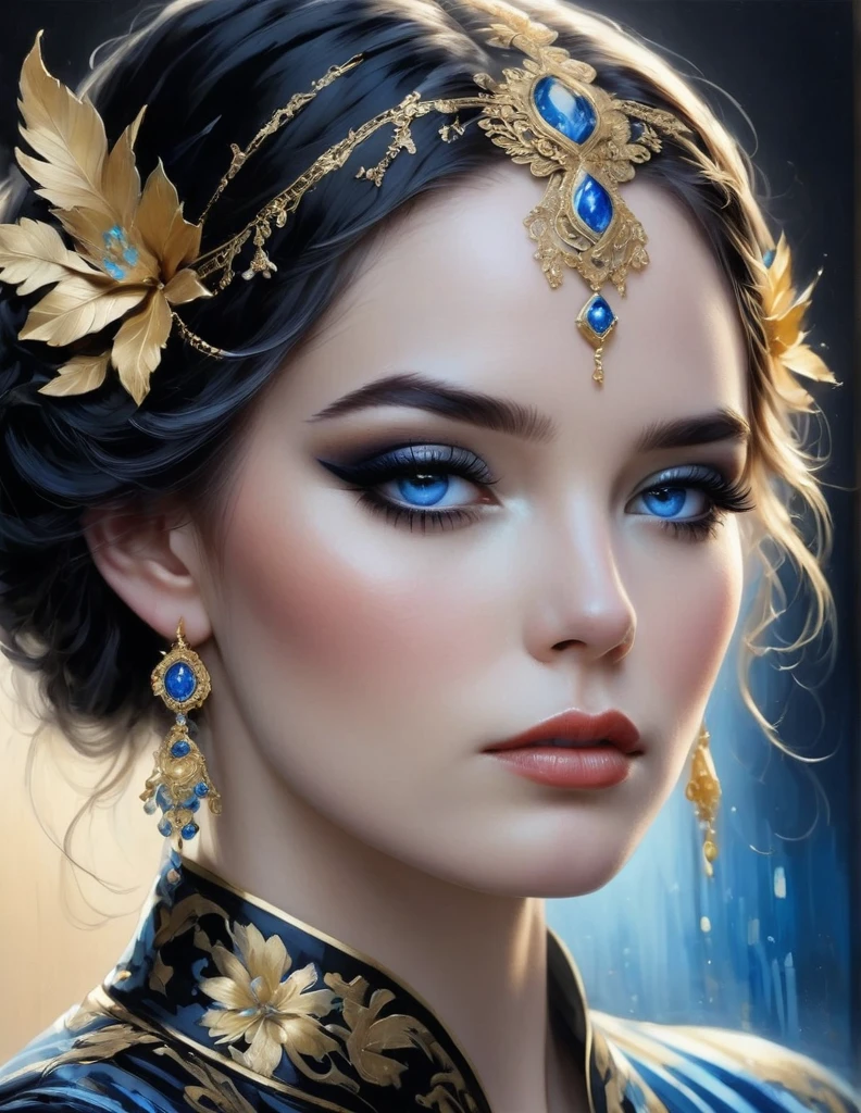 Create a simple portrait of a woman using a palette of white, black, with touches of gold and blue. Her face should be a study in contrasts, with soft white highlights and deep black shadows. Her eyes, striking and expressive, should be accentuated with a touch of deep blue, giving them a piercing, soulful quality.

Her hair, flowing and intricate, should be primarily black with subtle streaks of white and hints of gold, adding a touch of elegance and warmth. Her lips should be painted with a delicate blend of white and black, highlighting their shape and creating a sense of depth.

The portrait should have no background, allowing the focus to remain entirely on the woman and the intricate play of colors and contrasts in her features.