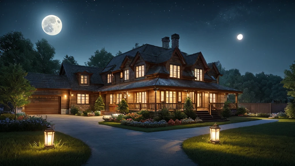 House with porch and porch on hill under full moon, Quiet wooden mansion, realistic fantasy render, Beautiful rendering, beautiful artist rendering, Luxury wooden cottage, House Background, Inspired by Terry Redlin, Unreal Engine ; Romantic Theme, Realistic fantasy illustration, Photorealistic Rendering, Background artwork, Night rendering, 8k high quality detailed art