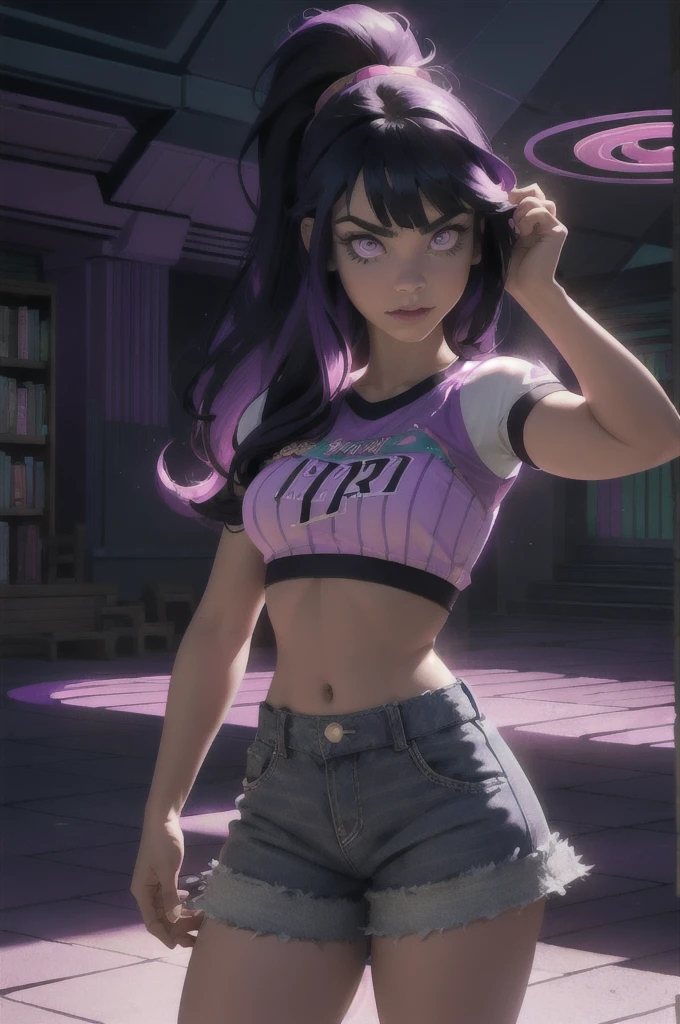 (mlptwilight:1.2), (pink skin), (long hair, ponytail, straight hair, black hair with purple and pink strips, bangs:1.0), striped crop top, purple micrpskirt, purple eyes, long hair, library, (realistic:1.2), (masterpiece:1.2), (full-body-shot:1),(Cowboy-shot:1.2), neon lighting, dark romantic lighting, (highly detailed:1.2),(detailed face:1.2), (gradients), colorful, detailed eyes, (detailed landscape:1.2), (natural lighting:1.2),(detailed background), detailed midriff, (cute pose:1.2), solo,