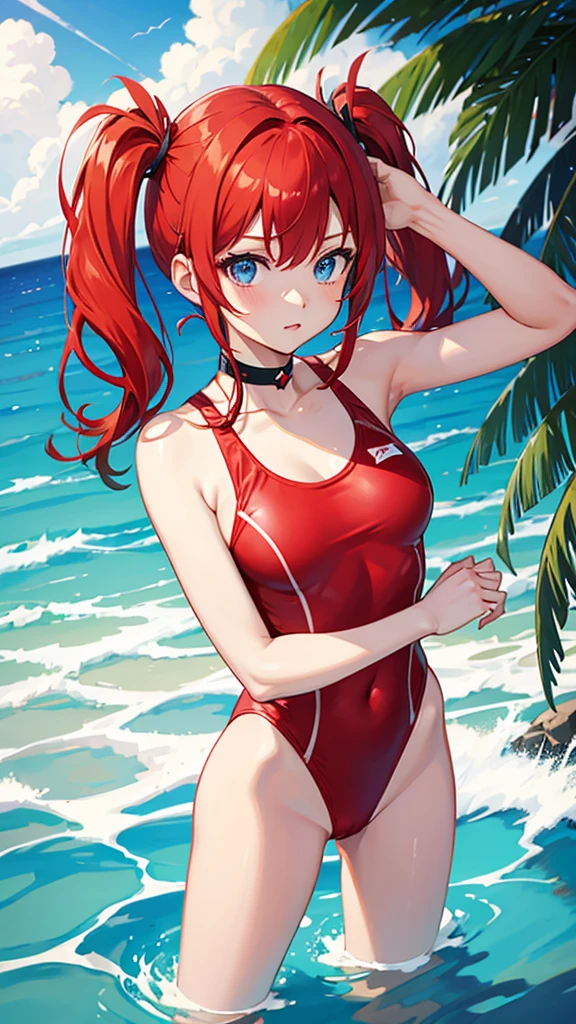 red hair, twintail, small breast, blue eyes, red swimsuit
