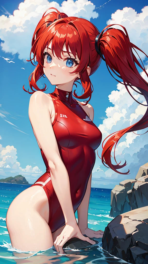 red hair, twintail, small breast, blue eyes, red swimsuit