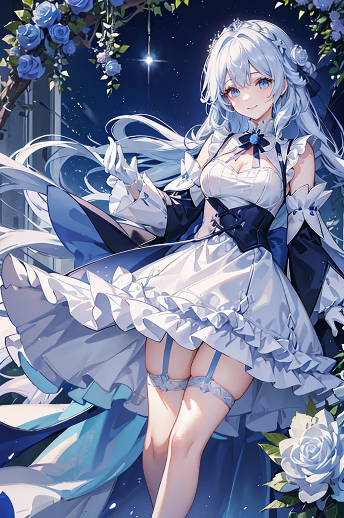 A woman with white hair and blue eyes、adult、Long, fluffy wavy hair、Braiding、Wearing hair ornaments、Smiling、Princess、White gloves、Blue-tinted dress、ribbon、Decorations such as roses and drops、race、Wearing a white and blue cape、The dress is short in the front and long in the back、Garter Ring、short boots、Fantasy