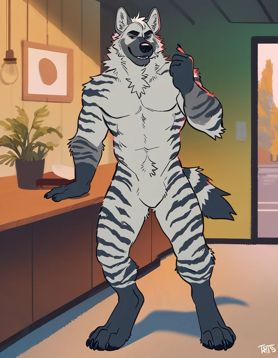 solo, male, anthro (striped hyena), by tritscrits, (by botch:0.7), digitigrade, digital artwork, (flat colors:1.3), striped hyena tail, mature male, sexy, ((detailed background)), athletic, gray fur, looking at camera,