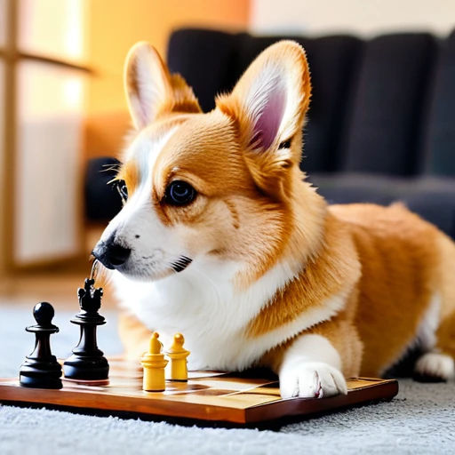 Make me a photo of cute corgi and cute cat playing chess.
