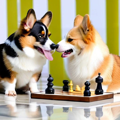 Make me a photo of cute corgi and cute cat playing chess.