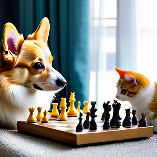 Make me a photo of cute corgi and cute cat playing chess.