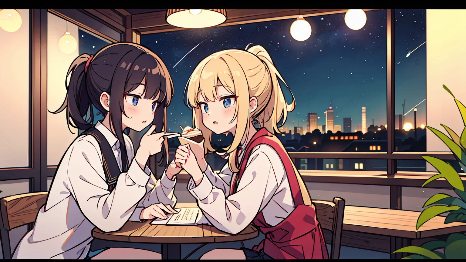 (masterpiece, best quality),Two women with different faces and hairstyles, different hair colors, different faces, ponytail, shot,letterboxed, perfection of fashion,chapped lips, casual attire, upper body, from the side,A cafe with a terrace overlooking the night sky with the Aurora,Teaching students to study at an old-fashioned table, eyes look at the note, together, stylish outfit,
