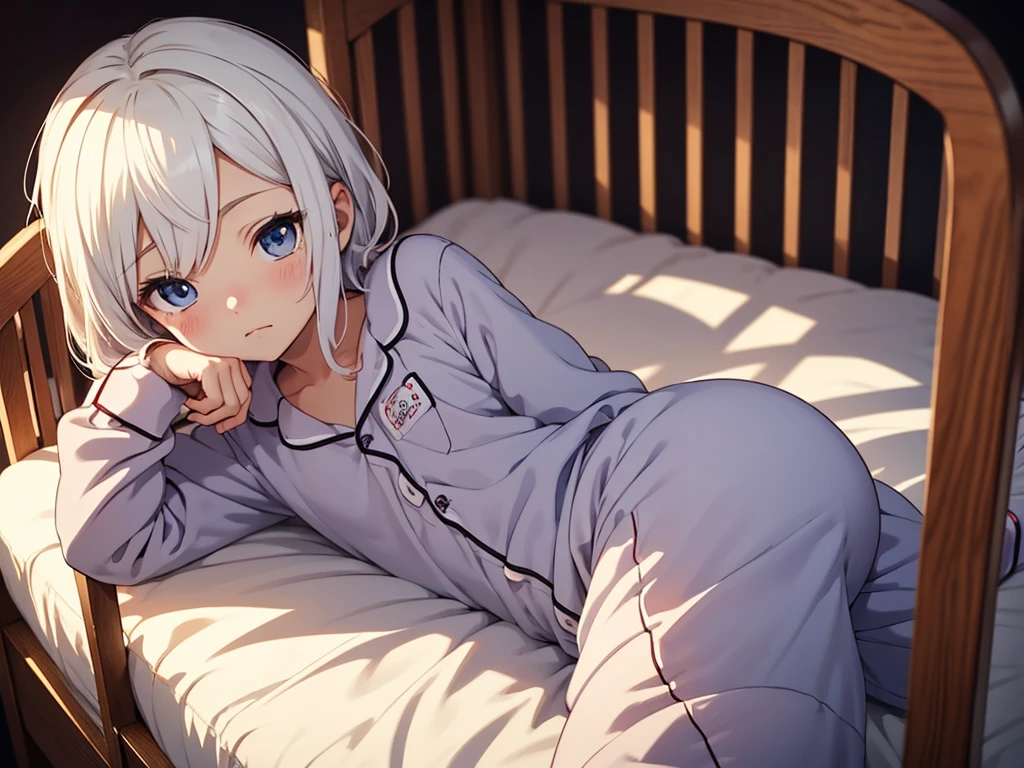 an anime image of a small boy with white hair wearing a thick diaper underneath a onesie pajama, sleeping in a crib, (1boy), adorable, masterpiece, extremely detailed, beautiful eyes, sharp focus, vivid colors, studio lighting, intricate details, soft textures, soft lighting, dramatic lighting, cozy atmosphere, high quality,